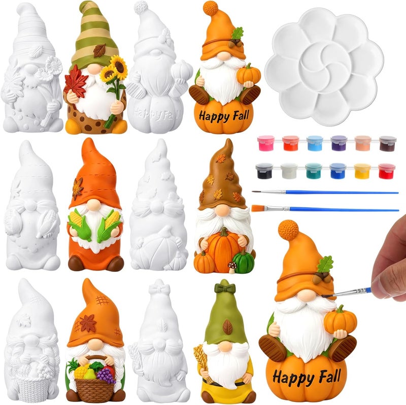Arrowbash 6 Pcs Fall Ceramics to Paint Ready to Paint Your Own Gnome Statues 5.12 Autumn Thanksgiving Paintable Figurines DIY Unpainted Ceramics Plaster Crafts with Brush Palette - Image 1